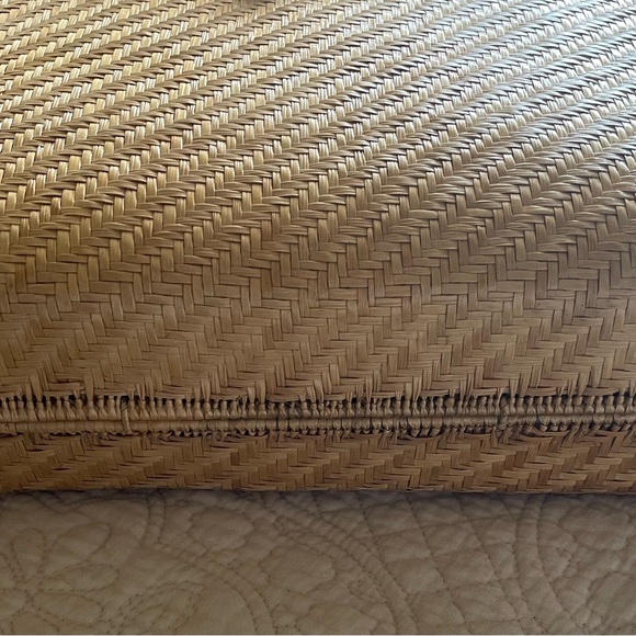 Vintage caramel color brown woven purse with gold metal handle, velvet inside.
